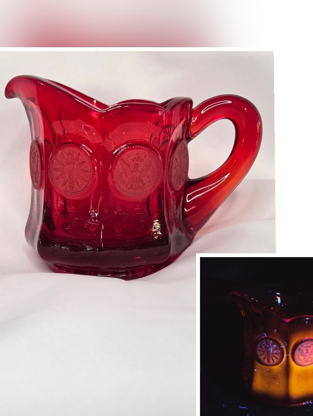 Vintage Fostoria Ruby Red Amberina Glass Creamer Pitcher Eagle Torch Dot